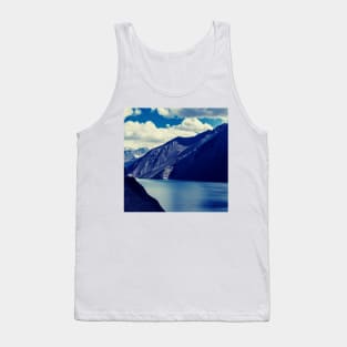 Rocky Mountains, Cloudy Sky, Blue Ocean, Landscape Art Tank Top